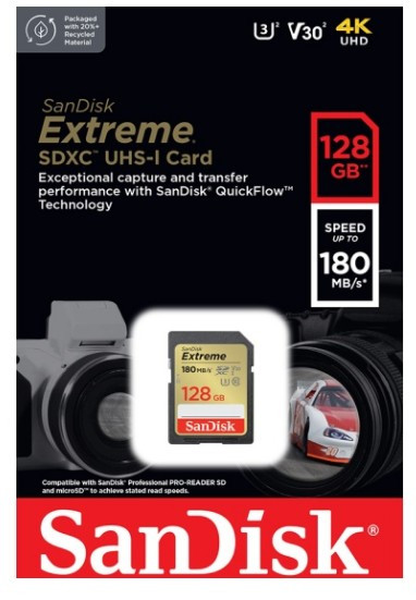 Карта памяти SanDisk Extreme SDXC Class 10 UHS-I U3 V30 128Gb (180/90 MB/s)